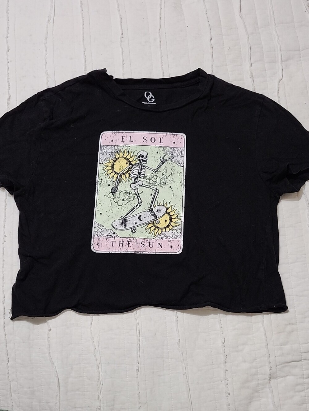 OG 100% Cotton Black Graphic Crop Tee with Skeleton 'El Sol The Sun' Design